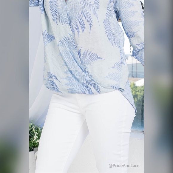 BLUE TROPICAL PRINT SURPLICE ROLL UP SLEEVE - Picture 6 of 6